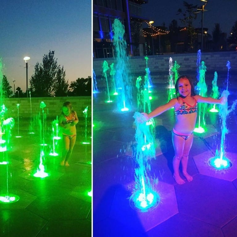 Playing in the fountains at night 