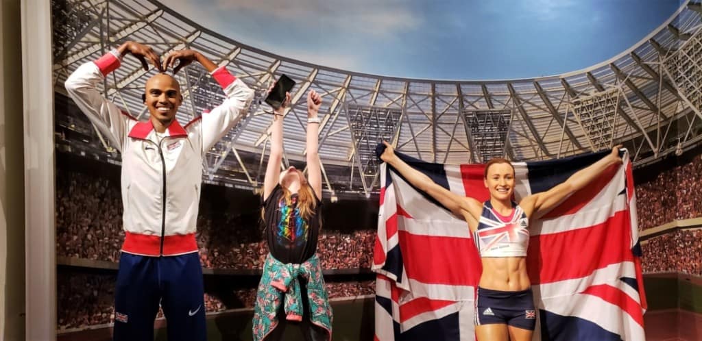 Celebrating with Olympic stars in Madame Tussauds in London. 