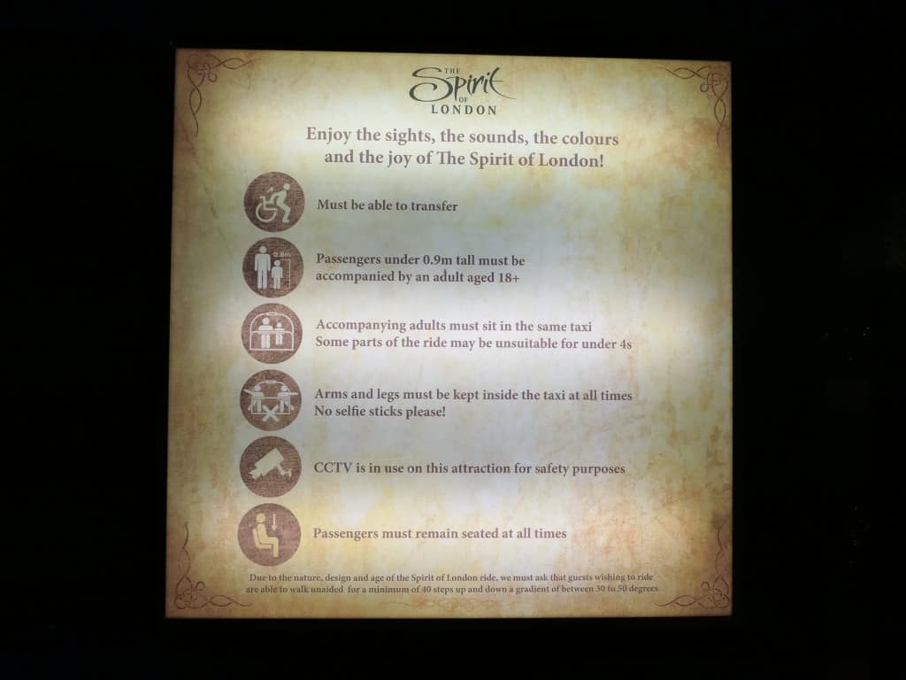 The rules for the Spirit of London ride in Madame Tussauds in London. 