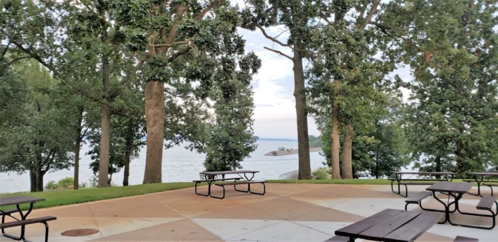 Patio with picnic tables overlooking Kentucky Lake. 